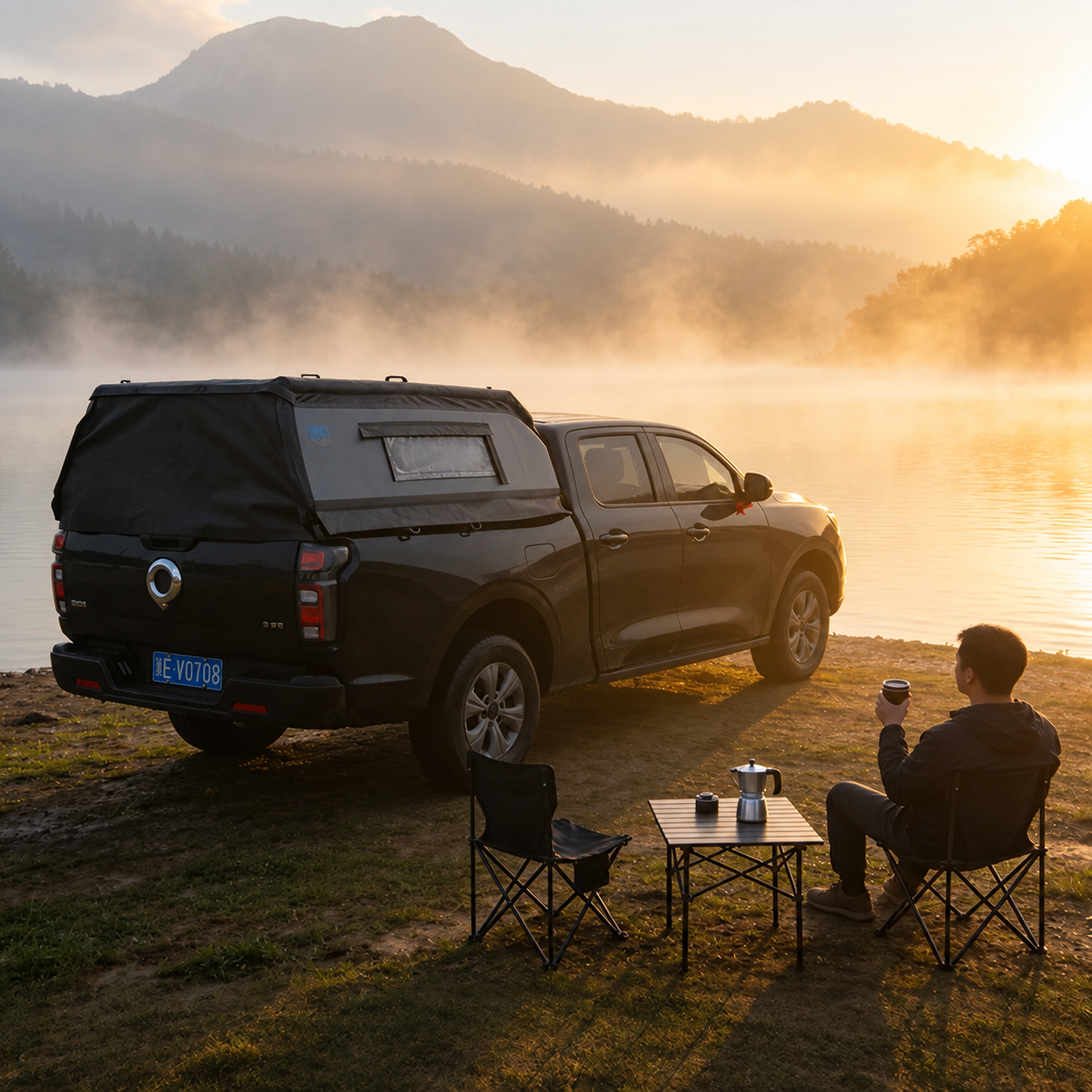 Pickup with an inflatable topper at a lakeside campsite at sunrise